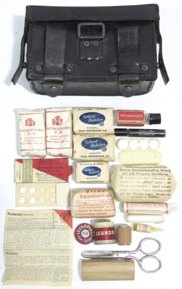 German Wehrmacht Deutsches Rotes Kreuz Medical Leather Pouch From The D.R.K. Sanitätslager Babelsberg Full With Contents.