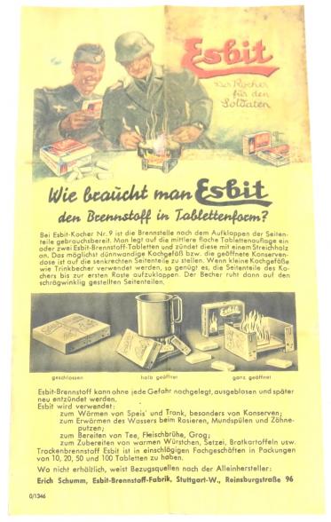 German Wehrmacht Esbit Kocher Mod. 9 Holy Grail Extreme Leaflet/Flyer.
