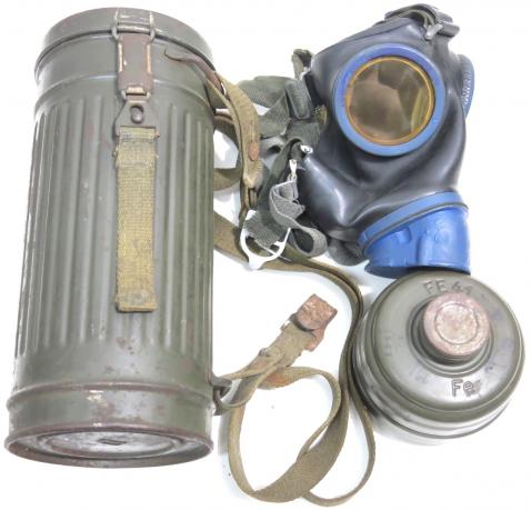 German Wehrmacht Combat Gas Mask Set 1943-1944 Super Matching And Super 100% Complete Condition, Feldpost Nummer 48983.