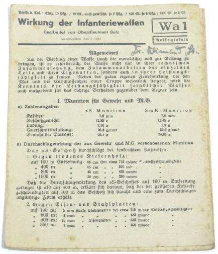 German Wehrmacht Wirkung der Infanteriewaffen Waffentafel Wa 1 April 1941, Rare.