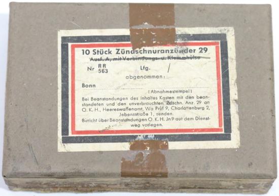 German Wehrmacht 10 Stück Zündschnuranzünder 29 ANZ29 RR 563 1940 Cardboard Box, Rare, Empty.