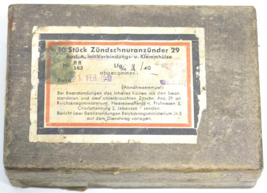 German Wehrmacht 10 Stück Zündschnuranzünder 29 ANZ29 RR 563 1940 Cardboard Box, Rare, Empty.