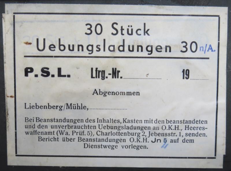 German Wehrmacht 30 Stück Uebungsladungen 30 n/A. P. S. L. Empty Box.