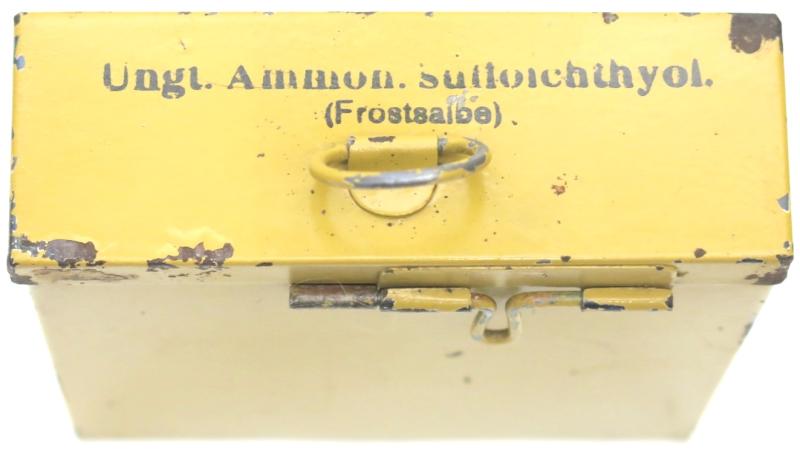 German Wehrmacht Ungt. Ammon. sulfoichthyol. (Frostsalbe) Medical Yellow Box For Lazarette Field Hospital, Nice Box In Very Good Condition.