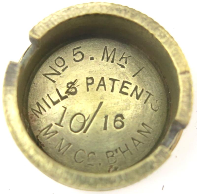 British WWI Mills Nº 5 MKI Base Plug Mills Patents 10/16 M. M. Cº. B´HAM In Brass.