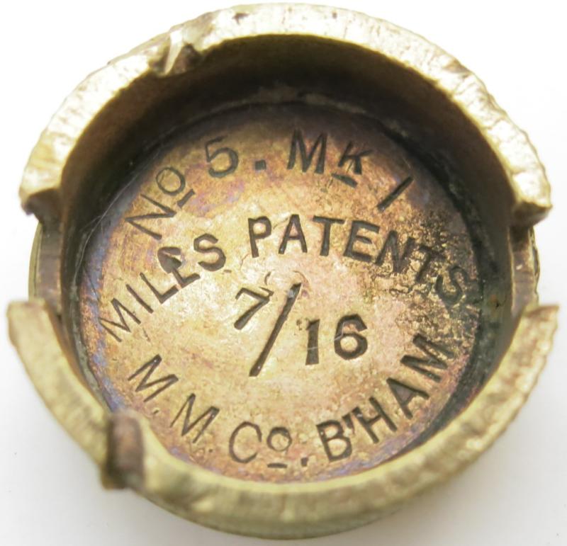 British WWI Mills Nº 5 MKI Base Plug Mills Patents 7/16 M. M. Cº. B´HAM In Brass.