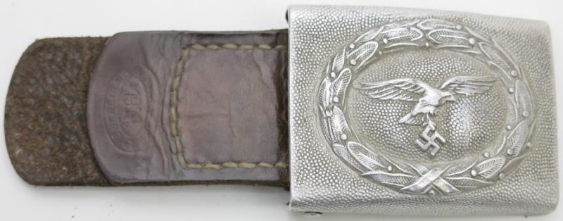 German Luftwaffe Early Aluminium Belt Buckle With Leather Tab By Werner Linker, Duisburg 1939.