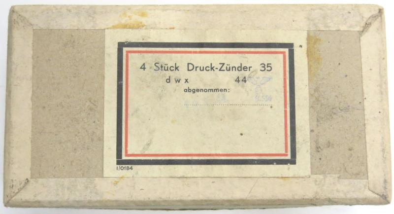 German Wehrmacht 4 Stück Druck-Zünder 35 DZ35 Fuze 19. 7. 1944 Cardboard Box, Rare, Empty.