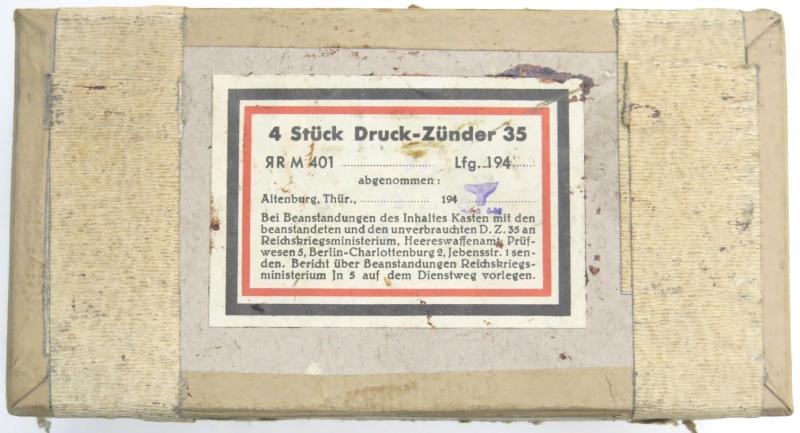 German Wehrmacht 4 Stück Druck-Zünder 35 DZ35 Fuze 12. 7. 1940 Cardboard Box, Rare, Empty.