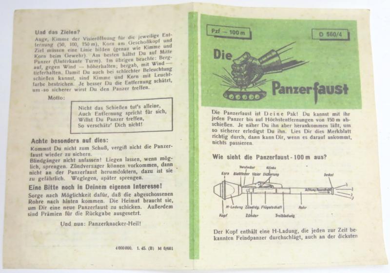 German Wehrmacht Instructions Leaflet For Panzerfaust 100.