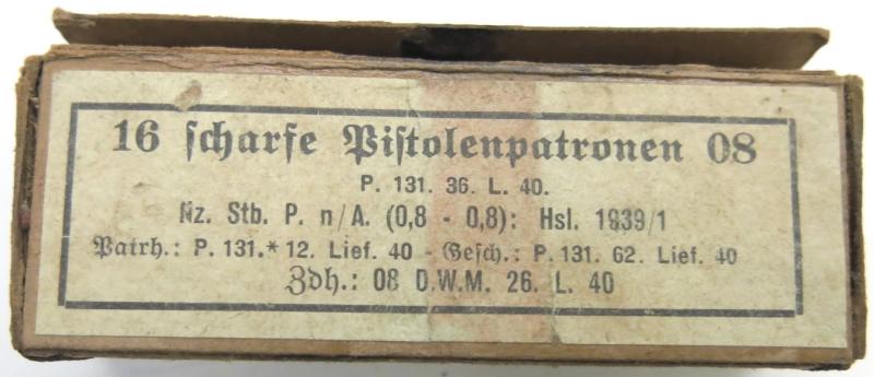 German Wehrmacht 16 Pistolenpatronen 08 P. 131. 36. L. 40. Old Style Empty Cardboard Box.