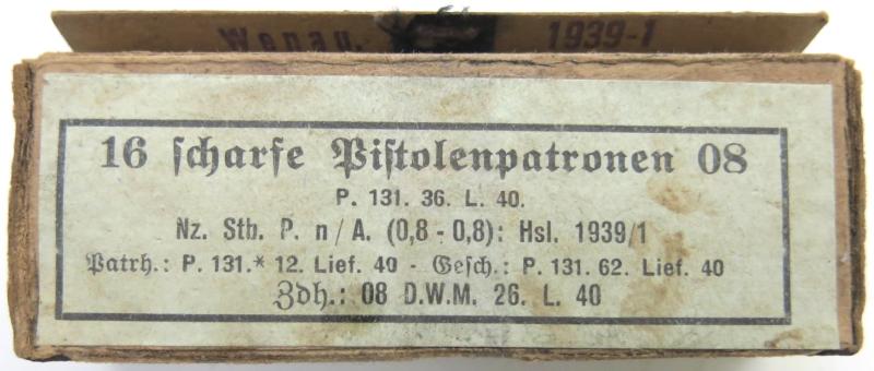 German Wehrmacht 16 Pistolenpatronen 08 P. 131. 36. L. 40. Old Style Empty Cardboard Box.