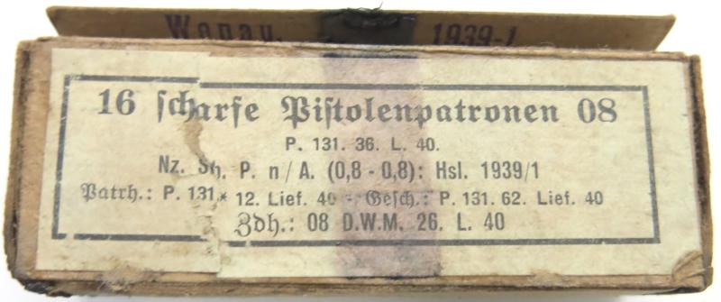 German Wehrmacht 16 Pistolenpatronen 08 P. 131. 36. L. 40. Old Style Empty Cardboard Box.