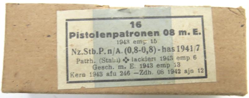 German Wehrmacht 16 Pistolenpatronen 08 m. E. 1943 emp 15 New Style Empty Cardboard Box.