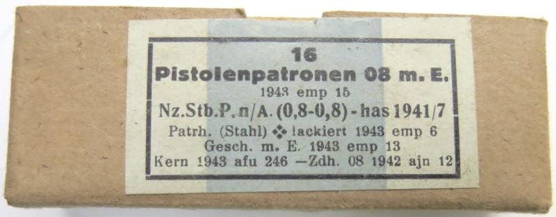 German Wehrmacht 16 Pistolenpatronen 08 m. E. 1943 emp 15 New Style Empty Cardboard Box.