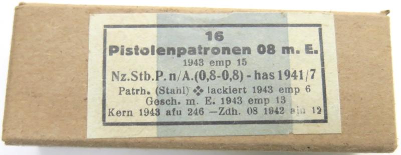 German Wehrmacht 16 Pistolenpatronen 08 m. E. 1943 emp 15 New Style Empty Cardboard Box.