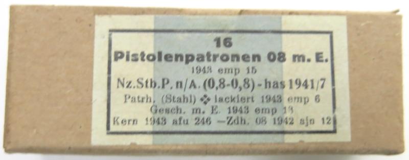 German Wehrmacht 16 Pistolenpatronen 08 m. E. 1943 emp 15 New Style Empty Cardboard Box.