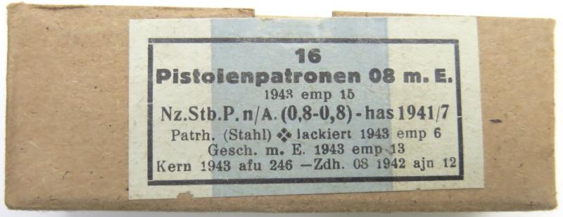 German Wehrmacht 16 Pistolenpatronen 08 m. E. 1943 emp 15 New Style Empty Cardboard Box.