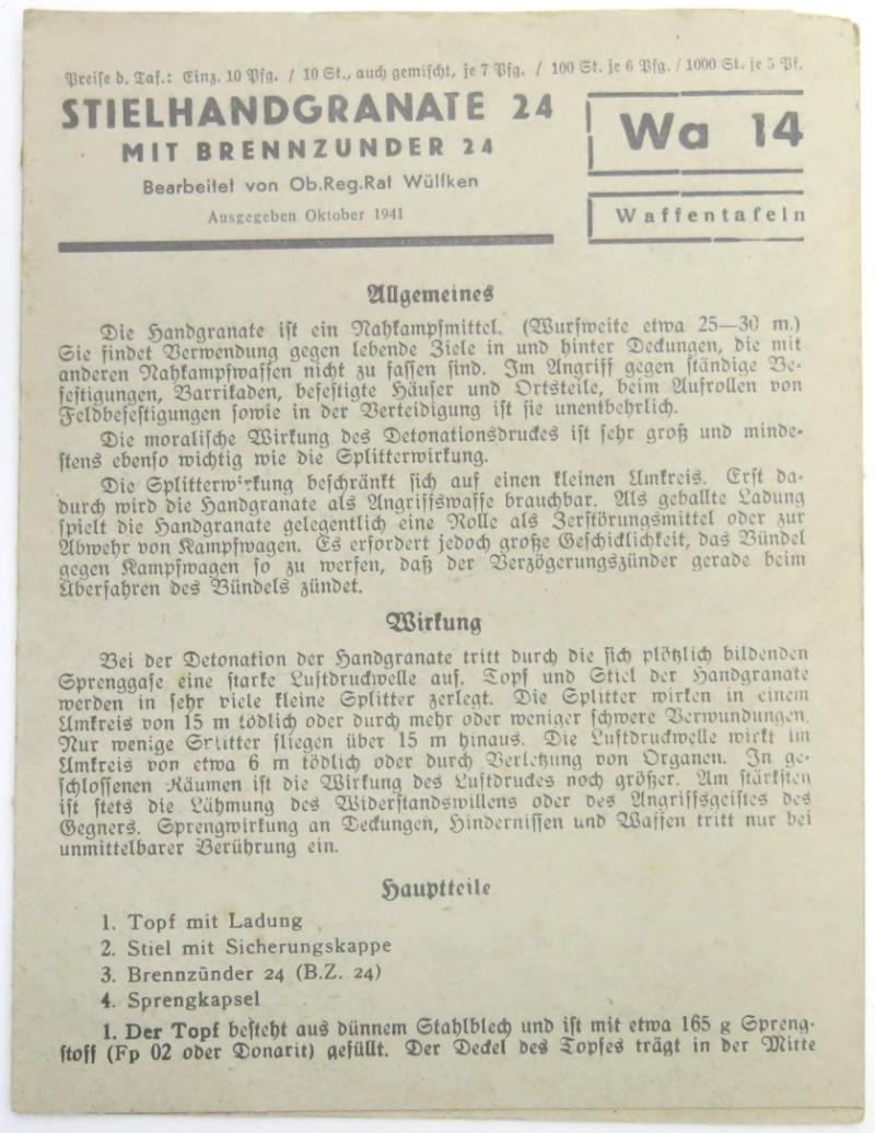 German Wehrmacht STIELHANDGRANATE 24 MIT BRENNZUNDER 24 Waffentafeln Wa 14 Oktober 1941.