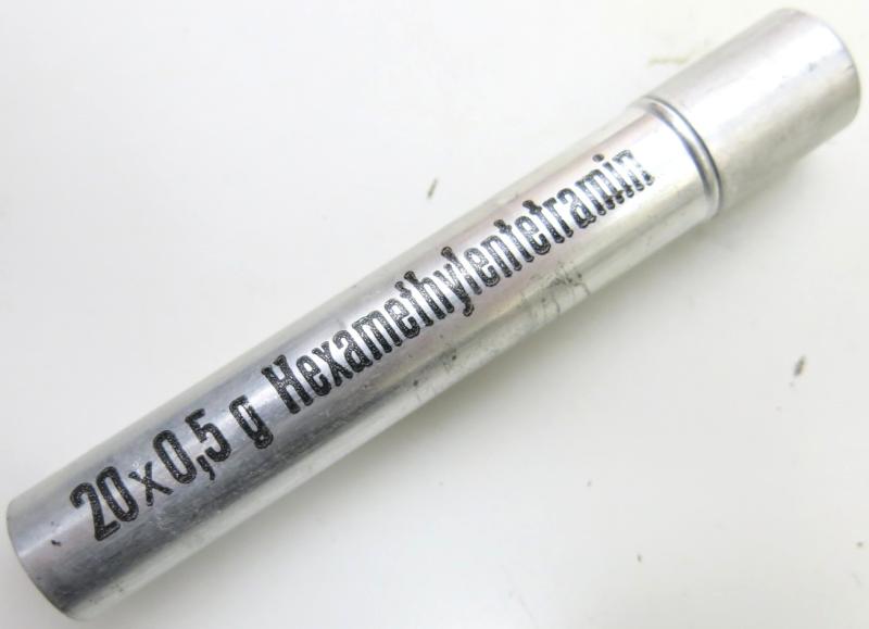 German Wehrmacht Sanitär Aluminium Tablettenröhrchen Medical Pills Tube Hexamethylentetramin 0,5 g, Empty.