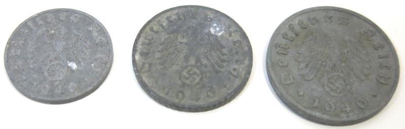 Germany Set Of Three Coins 1, 5 & 10 Reichspfenning 1940.