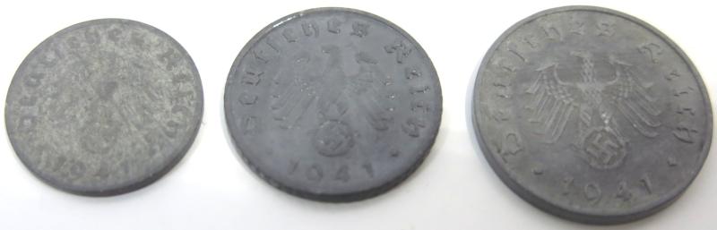 Germany Set Of Three Coins 1, 5 & 10 Reichspfenning 1941.