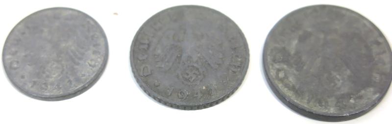 Germany Set Of Three Coins 1, 5 & 10 Reichspfenning 1942.