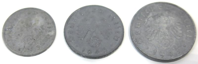 Germany Set Of Three Coins 1, 5 & 10 Reichspfenning 1943.