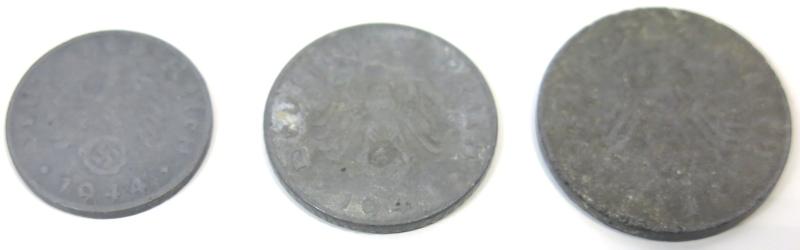Germany Set Of Three Coins 1, 5 & 10 Reichspfenning 1944.