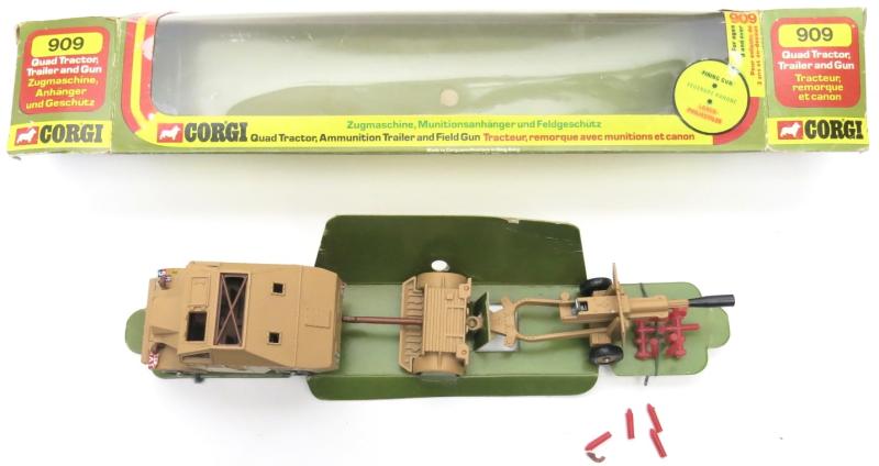 British CORGI Quad Tractor, Ammunition Trailer and Field Gun 909 Mint In Box 1976.