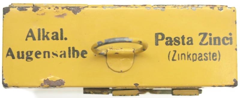 German Wehrmacht Alkal. Augensalbe Pasta Zinci (Zinkpaste) Medical Yellow Tin For Lazarette Field Hospital, Nice Box In Very Good Condition.