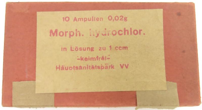 German Wehrmacht Medical Morph. hydrochlor Morphinhydrochlorid 10 Ampullen 0,02g Häuptsanitätspärk VV Cardboard Empty Box.