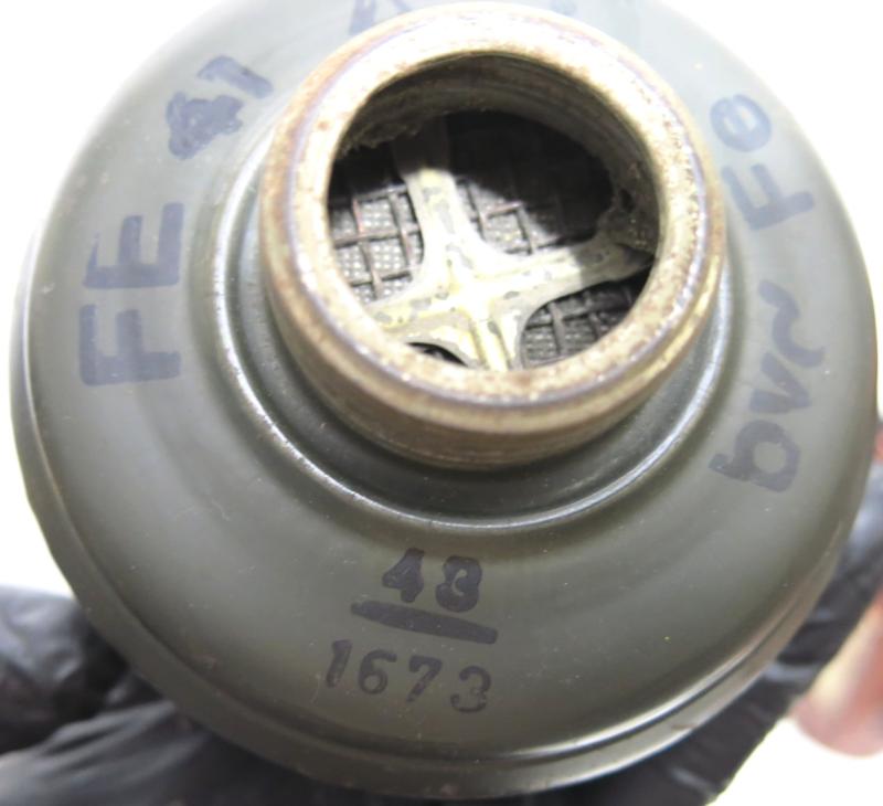 German Wehrmacht Combat GM38 Black Rubber Gas Mask Super Matching 1943-1944 byd Set From My Own Collection With The Rare Simplified Closing Knob And Dark Blue Paint On Mask, Part II Of II.