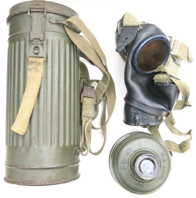 German Wehrmacht Combat GM38 Black Rubber Gas Mask Super Matching 1943-1944 byd Set From My Own Collection With The Rare Simplified Closing Knob And Dark Blue Paint On Mask, Part I Of II.