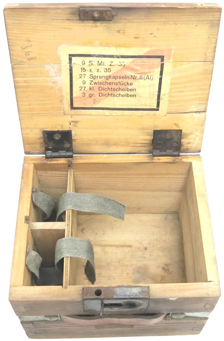 German Wehrmacht Zündmittel für je 9 S.Mi.35 Schrapnellmine 35 Spare Fuzes And Parts Box For 9 Mines, FM & S 1940, Nice Unpainted Variation Box.