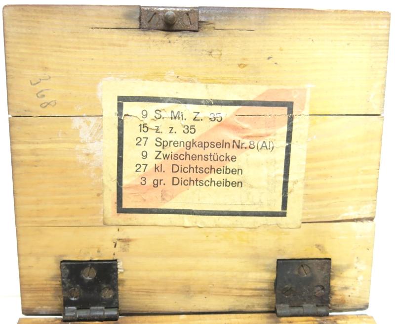 German Wehrmacht Zündmittel für je 9 S.Mi.35 Schrapnellmine 35 Spare Fuzes And Parts Box For 9 Mines, FM & S 1940, Nice Unpainted Variation Box.