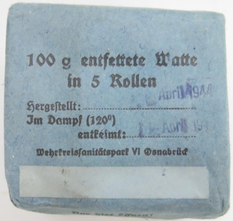 German Wehrmacht Medical 100 g entfettete Watte Wehrkreissanitätspark VI, (Münster, Osnabrück), April. 1944, Mint Unused.