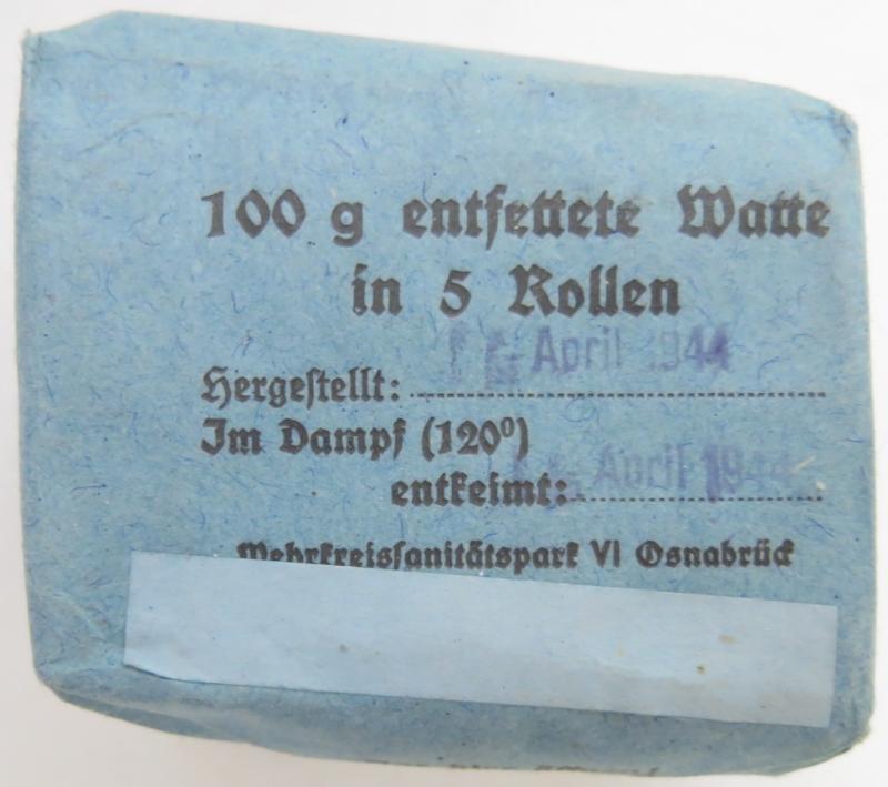 German Wehrmacht Medical 100 g entfettete Watte Wehrkreissanitätspark VI, (Münster, Osnabrück), April. 1944, Mint Unused.