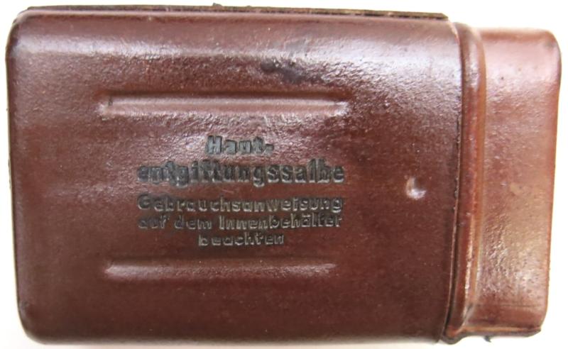 German Wehrmacht Hautentgiftungssalbe 41 Decontamination Kit Unused, Bottle eje 1943, Minty.