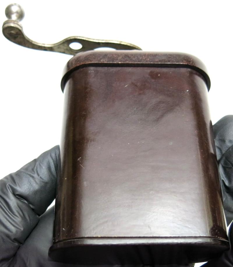 German Wehrmacht Reddish Bakelite Coffee Grinder Mint Condition Double BO Garantie Stamp, Sand Mixed Bakelite.