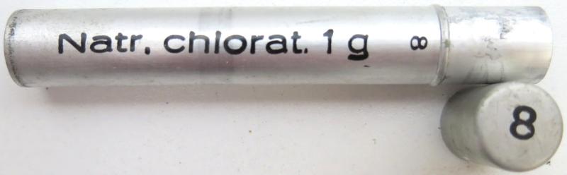 German Wehrmacht Sanitär Aluminium Tablettenröhrchen Medical Pills Tube Natr. chlorat. 1,0 g, Empty.