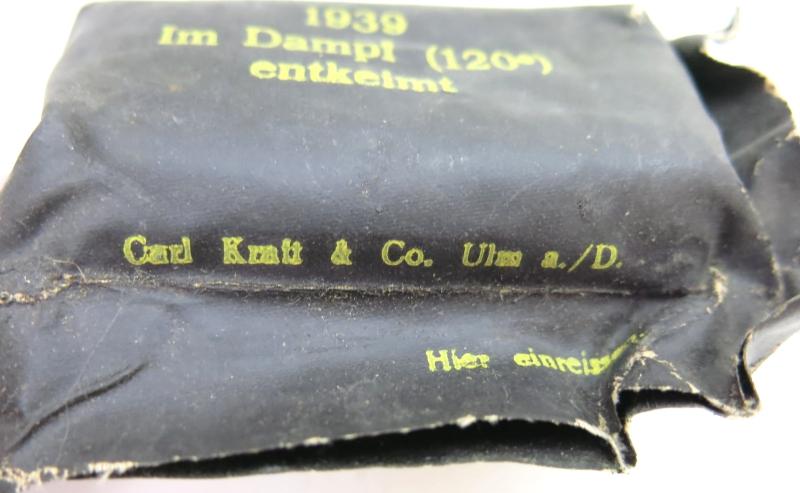 German Wehrmacht Medical Verbandstoff Medium Size Field Dressing Rubber Wrapping, 1939, Not Mint, But Unused.