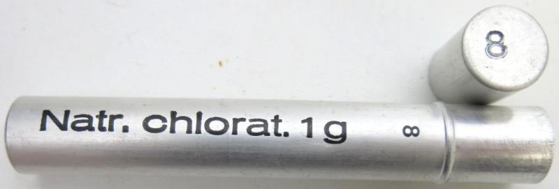 German Wehrmacht Sanitär Aluminium Tablettenröhrchen Medical Pills Tube Natr. chlorat. 1,0 g, Empty.