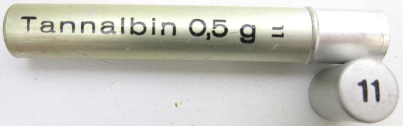 German Wehrmacht Sanitär Aluminium Tablettenröhrchen Medical Pills Tube Tannalbin 0.5 g, Empty.