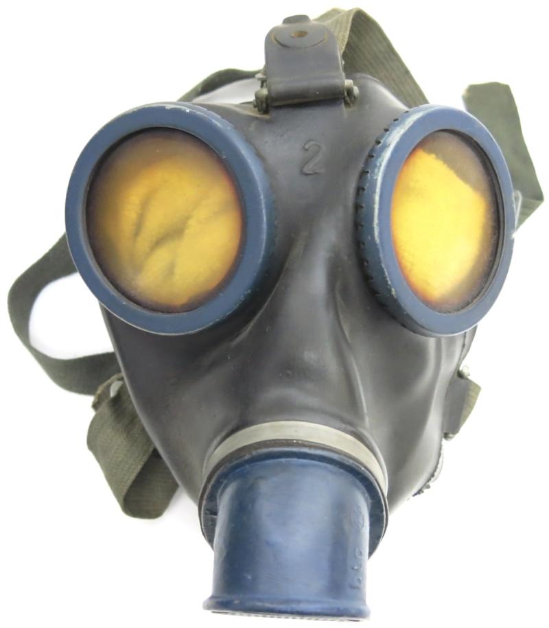 German Wehrmacht Combat GM38 Black Rubber Gas Mask With Blue Painted Parts, bwz 1944.