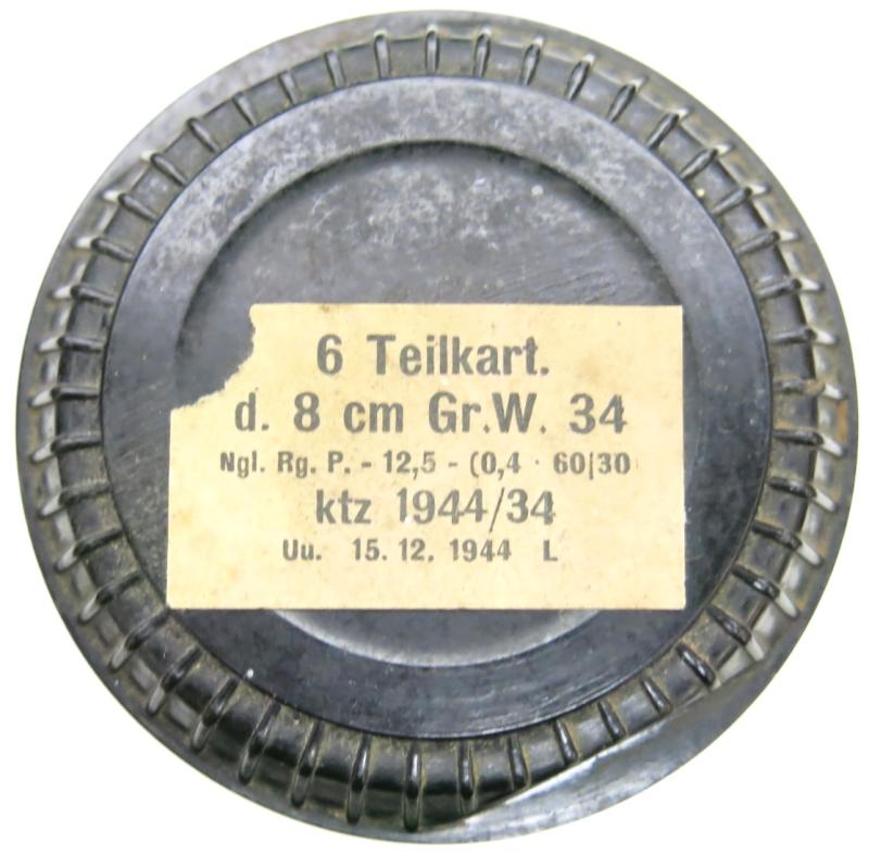 German Wehrmacht 8 cm Gr. W. 34 Granate Werfer 34 Mortar Zünderbuchse 1 Bakelite Reused For 6 Teilkart. Extra Charges 1944.