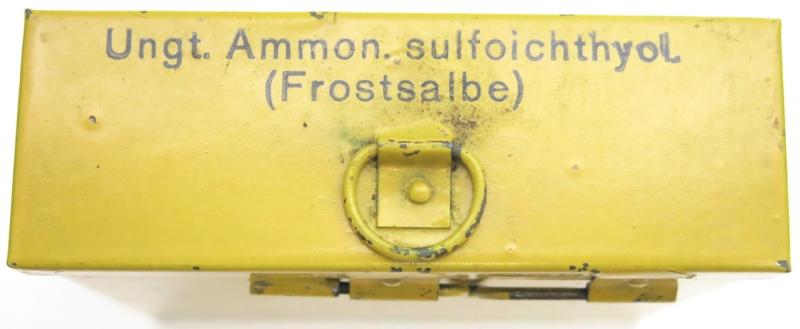 German Wehrmacht Ungt. Ammon. sulfoichthyol. (Frostsalbe) Medical Yellow Tin For Lazarette Field Hospital, Nice Box In Very Good Condition.