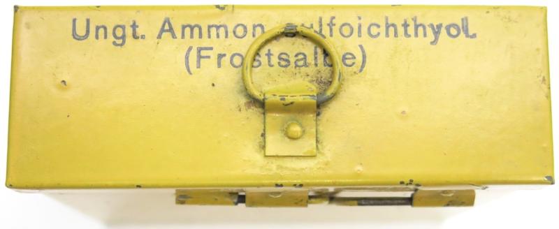 German Wehrmacht Ungt. Ammon. sulfoichthyol. (Frostsalbe) Medical Yellow Tin For Lazarette Field Hospital, Nice Box In Very Good Condition.
