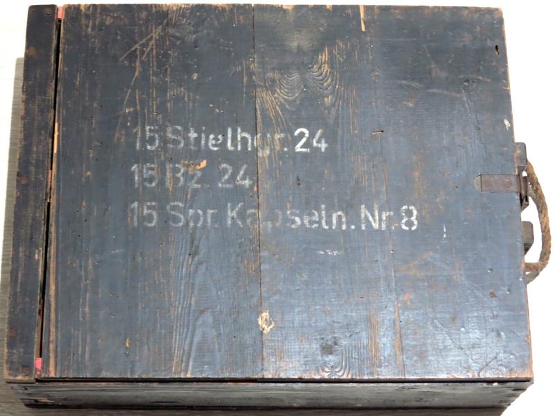 German Wehrmacht Stielhandgranate M24 Kiste Stickgrenades Wood Box In Black Colour, Wonderful Condition W. Stencils And Labels.
