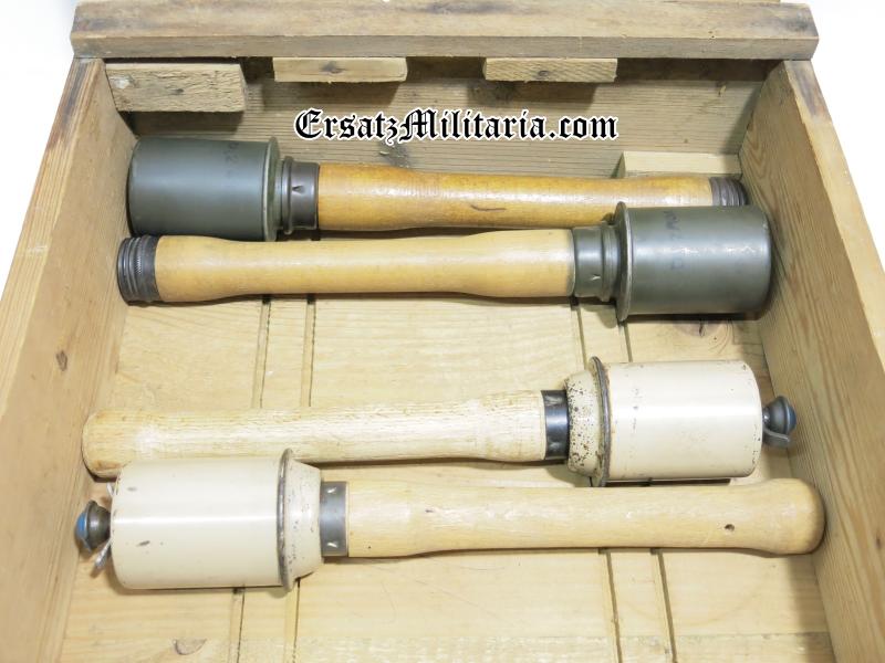 German Wehrmacht Stielhandgranate M24 Kiste Stickgrenades Wood Box In Black Colour, Wonderful Condition W. Stencils And Labels.